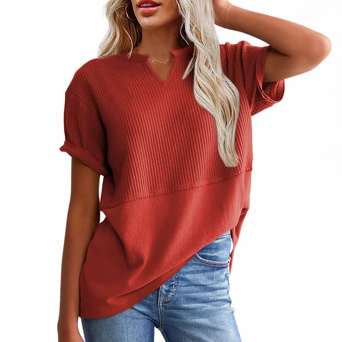 🌸 Waffle Knit V-Neck Casual Blouse