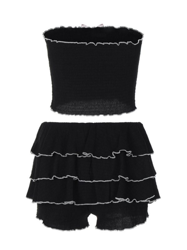 Fashionable And Tube Top Pleated Cake Skirt Suit
