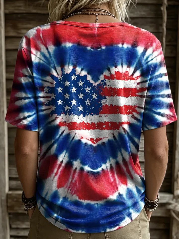 Independence Day Tie-Dye Heart-Shaped Retro Art Print Casual T-Shirt
