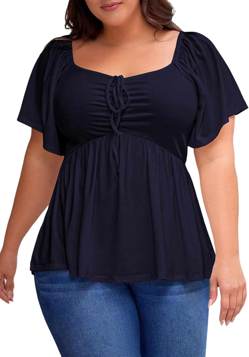 Womens Plus Size Tops Short Sleeve Sweetheart Neck Shirred Peplum Blouse Shirts