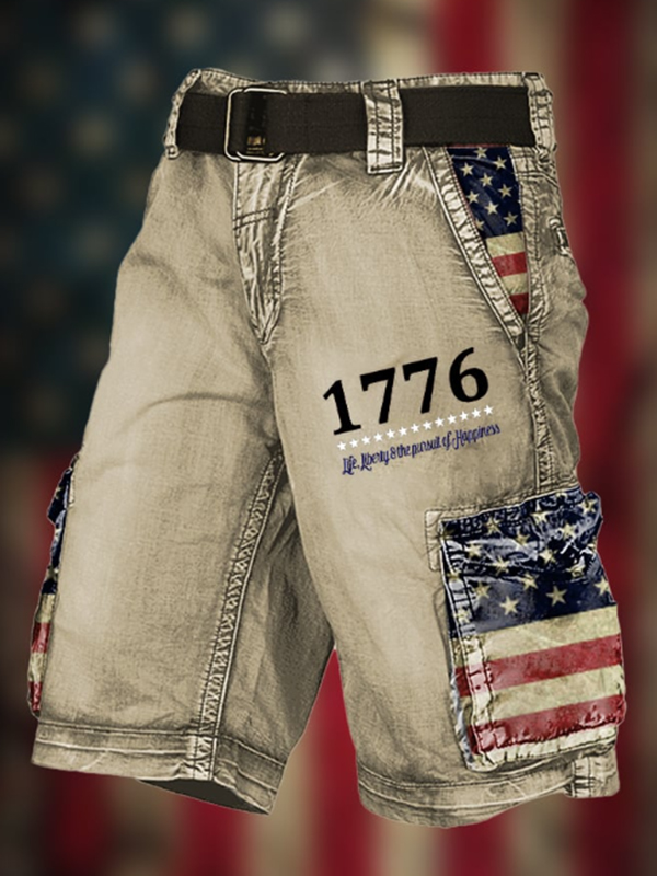 Men's Vintage Washed 1776 Life Liberty And The Pursuit Of Happiness Art Print Casual Shorts