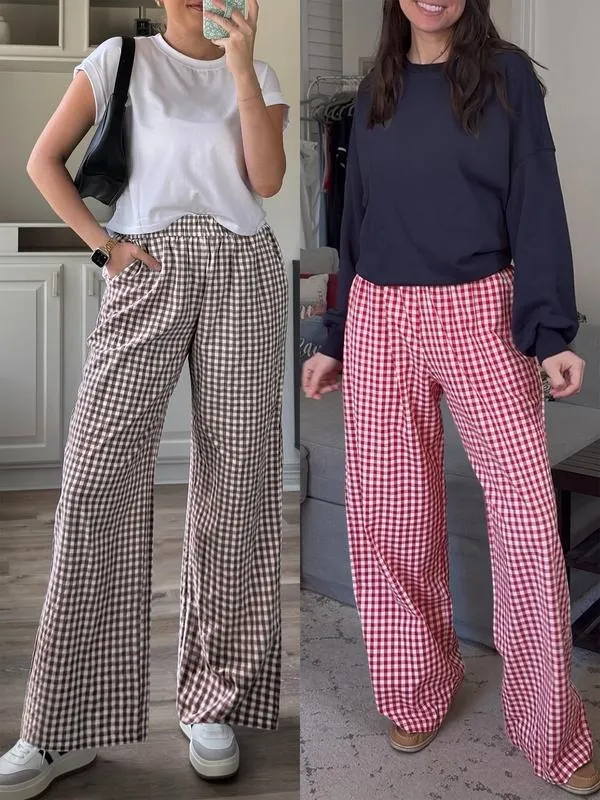 Womens Striped Gingham Palazzo Pants Wide Leg High Waisted Lounge Pajama Pants