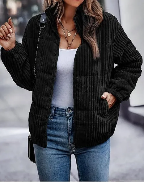 Women's Bomber Jacket Corduroy Ribbed Quilted Zip Up Long Sleeve Winter Coat Fall Outerwear Tops with Pockets