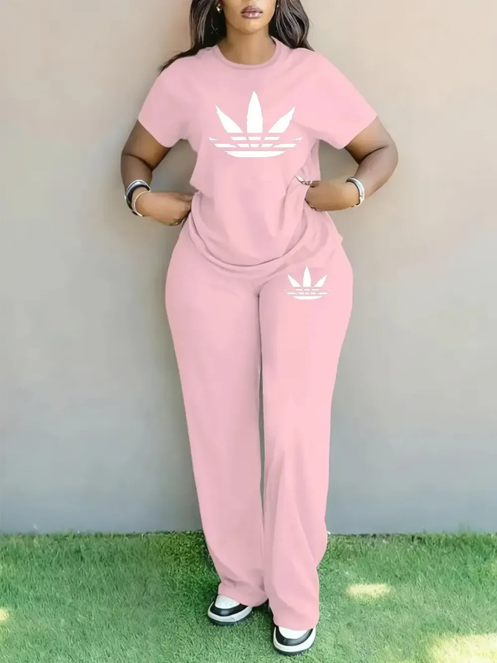 Women's Plus Size Spring Summer Fashion Print Round Neck Short Sleeve T-Shirt & Wide Leg Pants Two-Piece Set