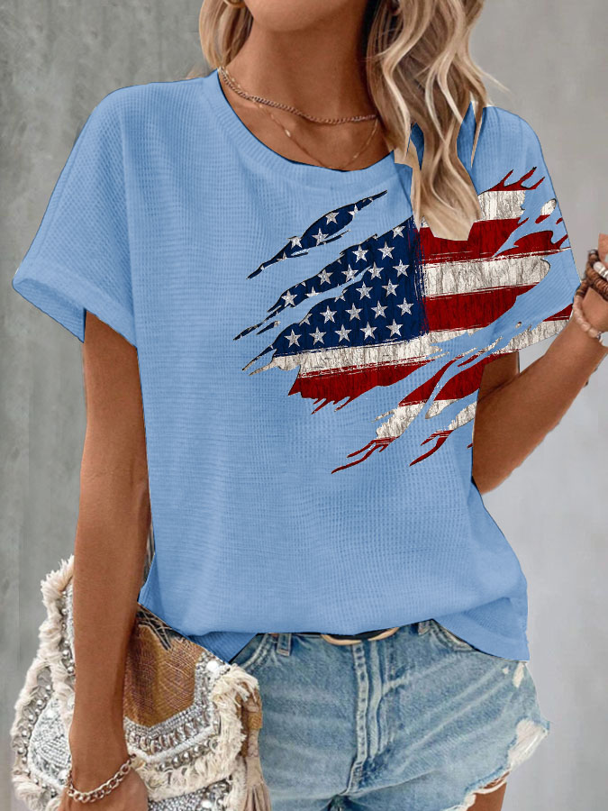 Women's Retro American Flag Printed Waffle T-shirt