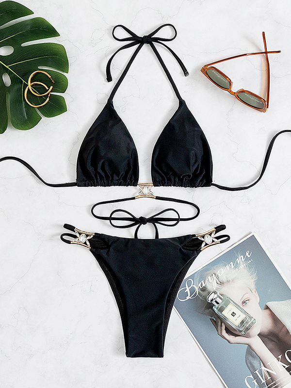 Padded Backless Bandage Hollow Halter-Neck Bikini Swimsuit