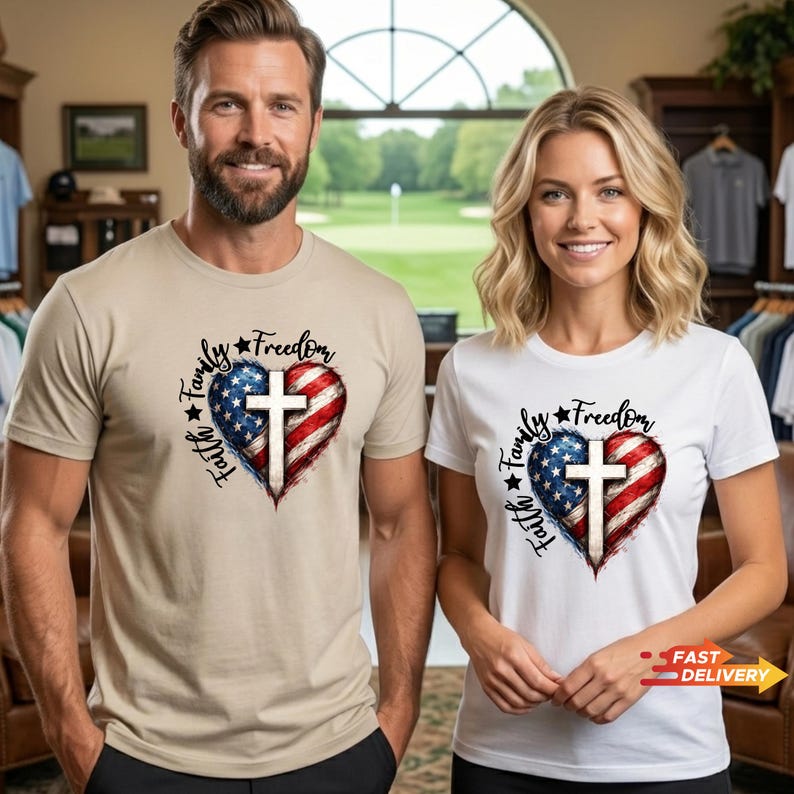 Faith Family Freedom Cross Shirt, Patriotic Christian 4th of July Tee