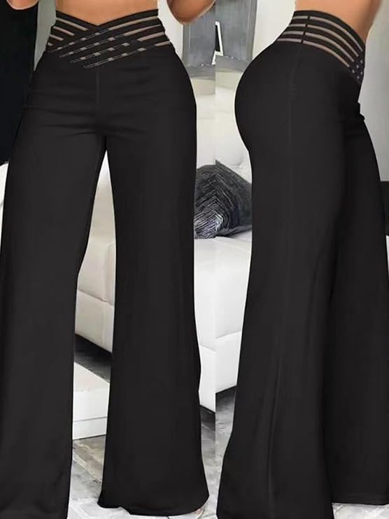 Women's Elastic Waist Flare Leg Pants Soild Ruched Long Yoga Trousers