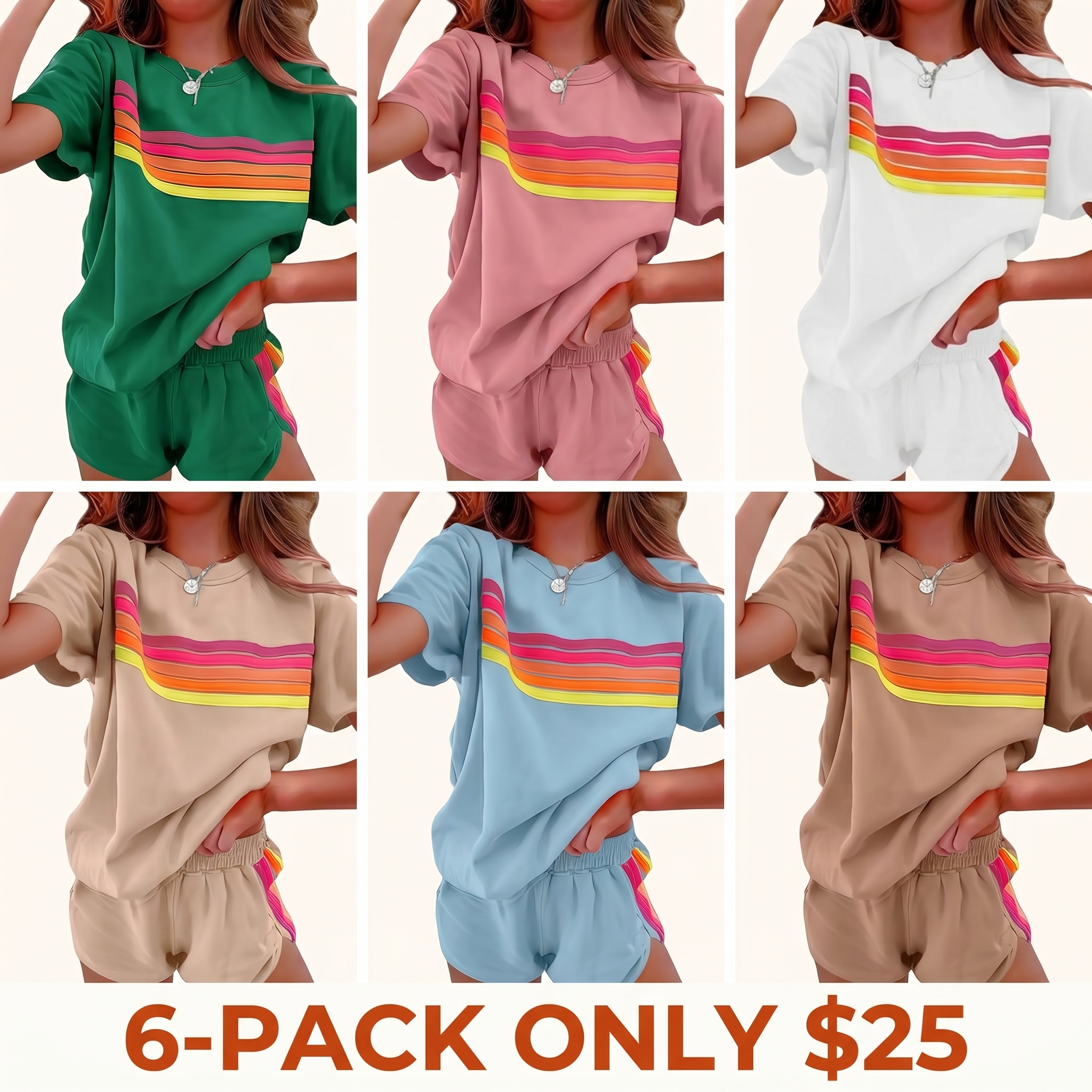 Women's Short Two-Piece Rainbow-Striped Outdoor Sports Set