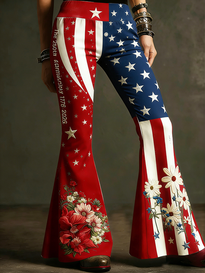 Ladies' Casual American Flag Flower Personalized Printed Flared Pants