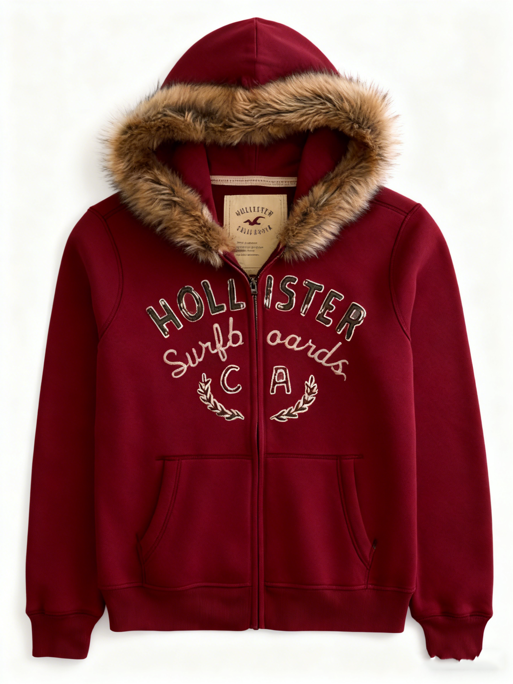 Faux Fur Trim Zip-Up Logo Graphic Hoodie
