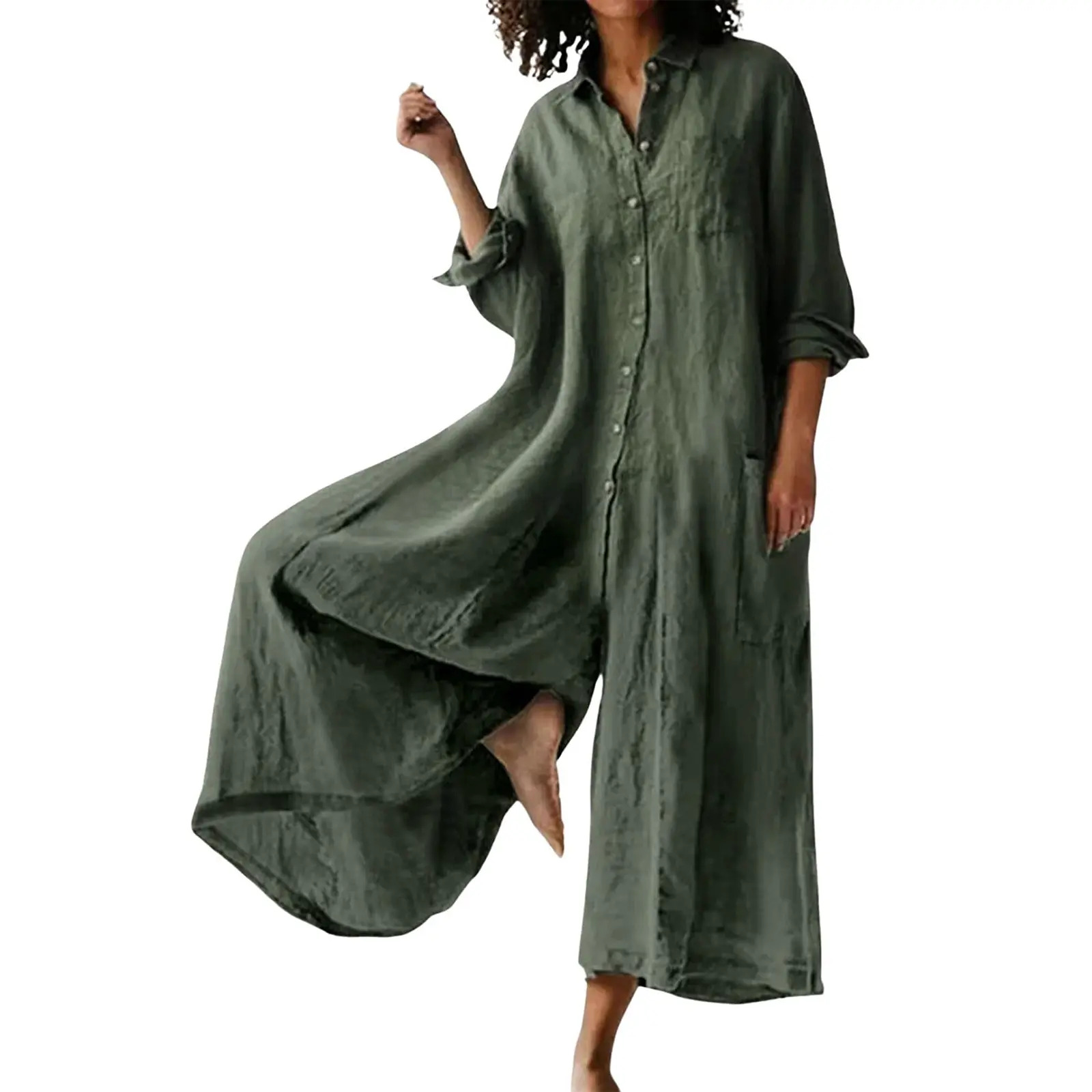 Women's Linen Long-Sleeve Button-Front Wide-Leg Jumpsuit