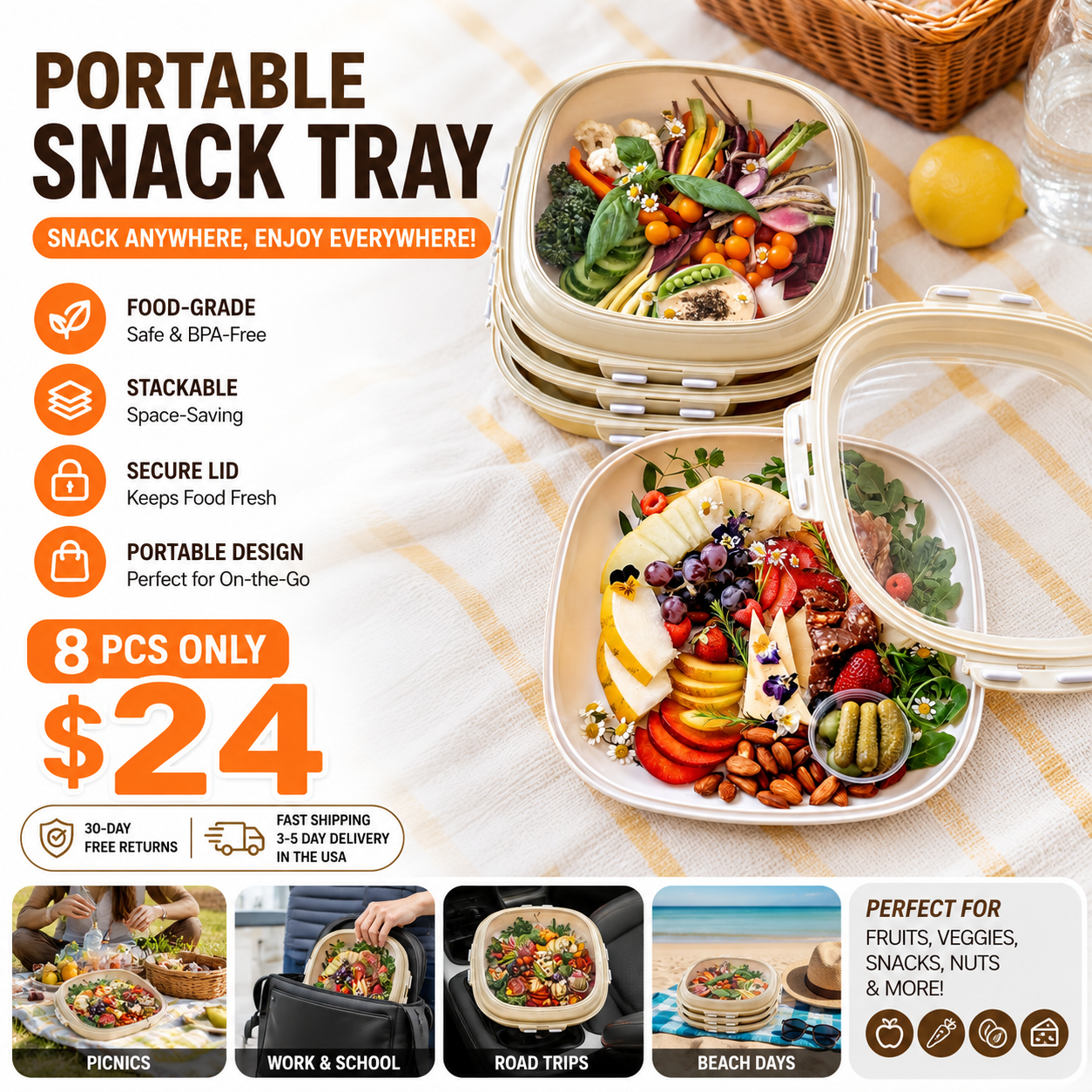 🎁Crudités | Portable Snack Tray | Square 8-Pack
