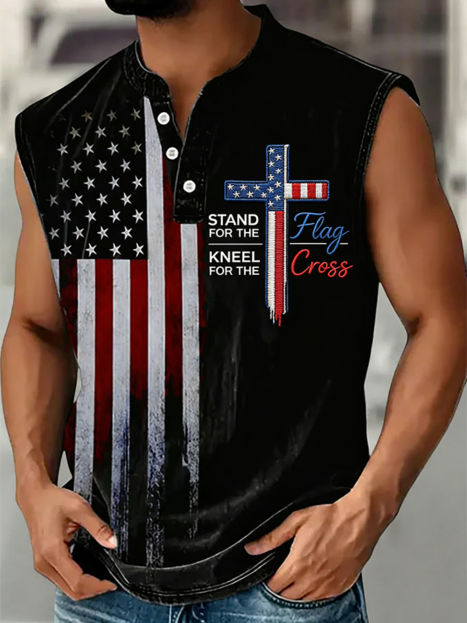 Men's Stand For The Flag Kneel For The Cross USA Flag Sleeveless Top