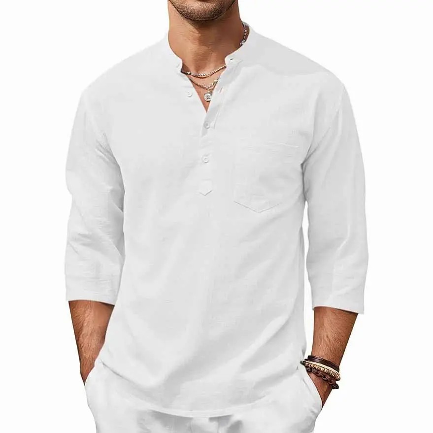 🌴🌴  Men's Coastal Henley Linen Blend Shirt – 3/4 Sleeve Summer Essential