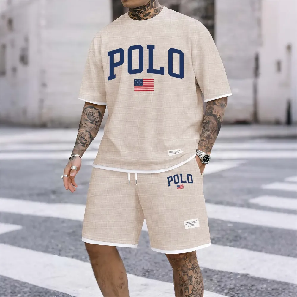 Men's Polo Print Drawstring Shorts Set For Spring/Summer. A Casual Summer Outfit