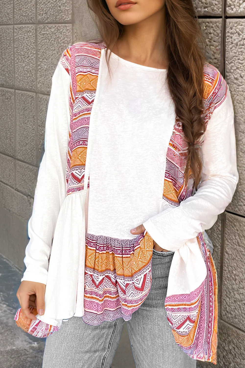 Western Aztec Print Patchwork Ruffled Tunic Long Sleeve Babydoll Top