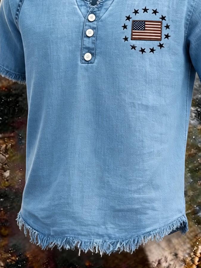 Men's Vintage Washed Denim Henley T-Shirt, Frayed Raw Edge American Flag Star Embroidered V-Neck Short Sleeve Casual Top