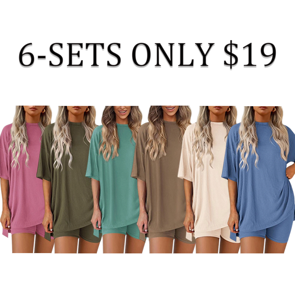 Women’s Oversized Lounge Set-Breathable Crewneck Top & Pocket Shorts