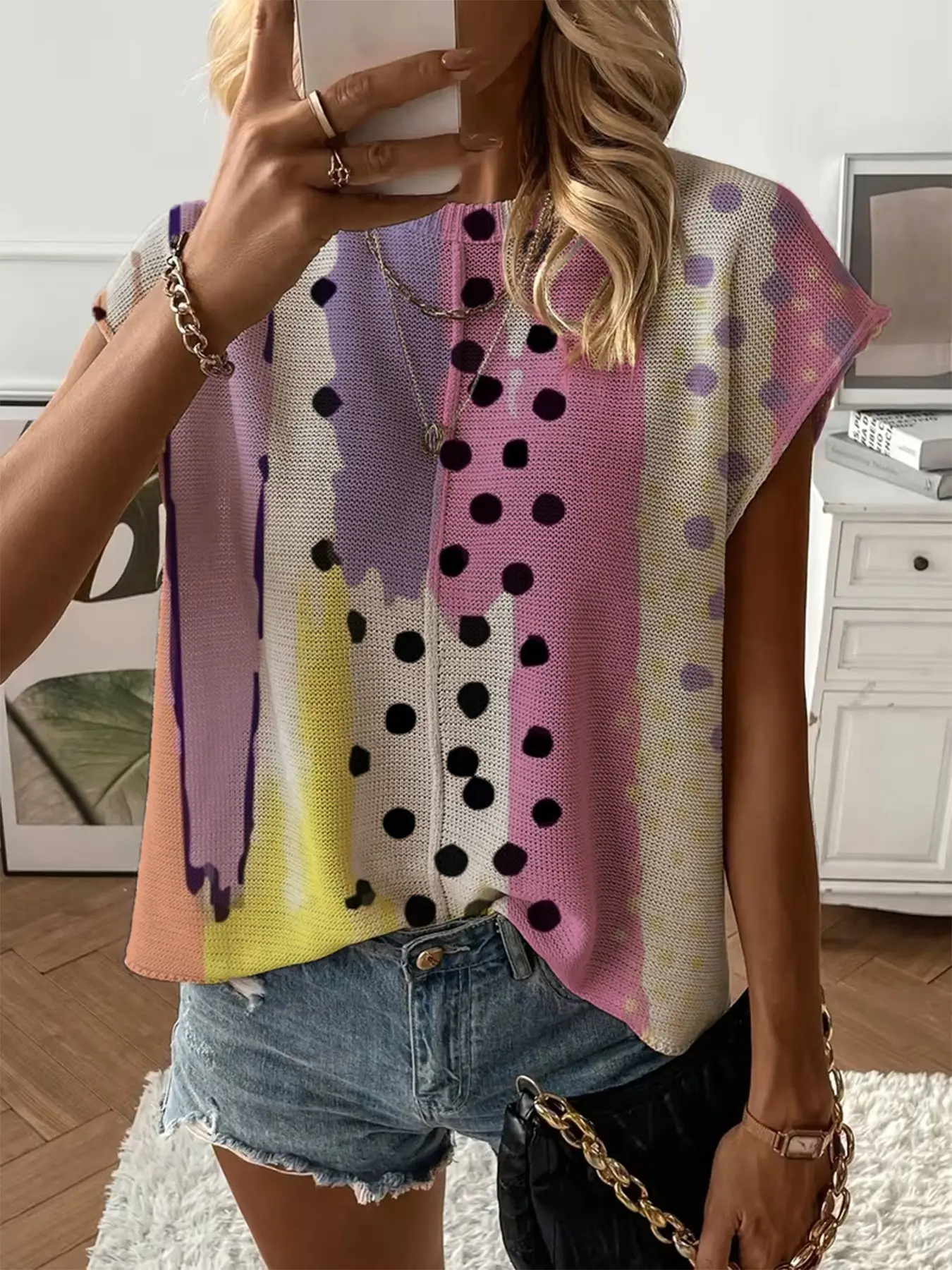 Spring/Summer crew neck drop-shoulder loose fit contrast stripe splicing print short-sleeve women's knit top