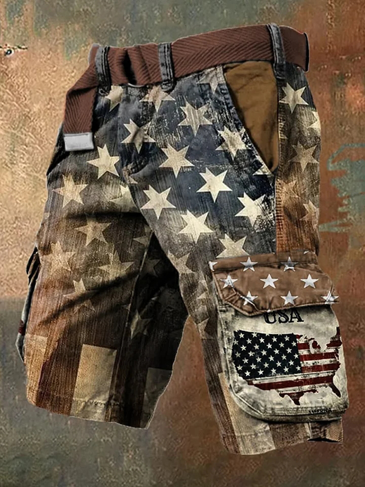 Men's Vintage American Flag Camo Art Print Denim-Like Casual Shorts