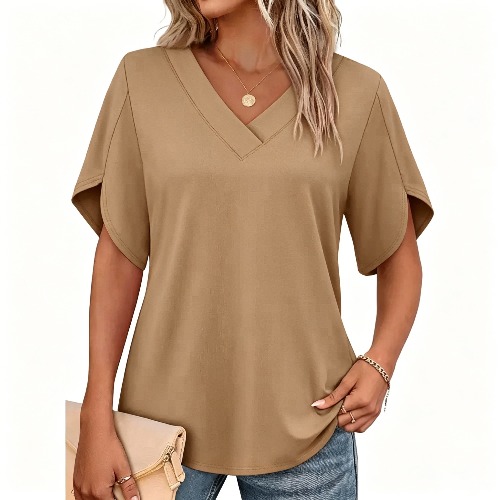 Women’s Summer V-Neck Petal Sleeve Casual Blouse Top
