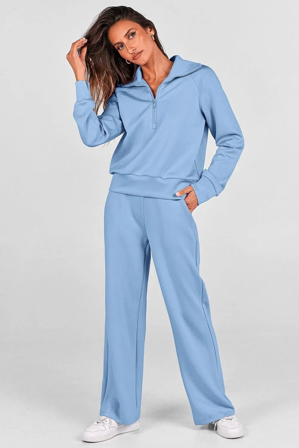 🔥Final Day Clearance!🛒Women's 2 Piece Outfits Casual Lapel Half Zip Sweatshirts And Wide Leg Pants Tracksuit Sets
