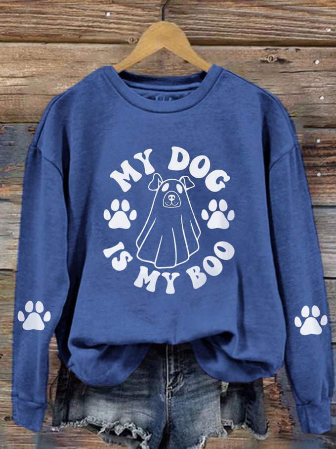 Women's My Dog Is My Boo Halloween Dog Print Crew Neck Sweatshirt