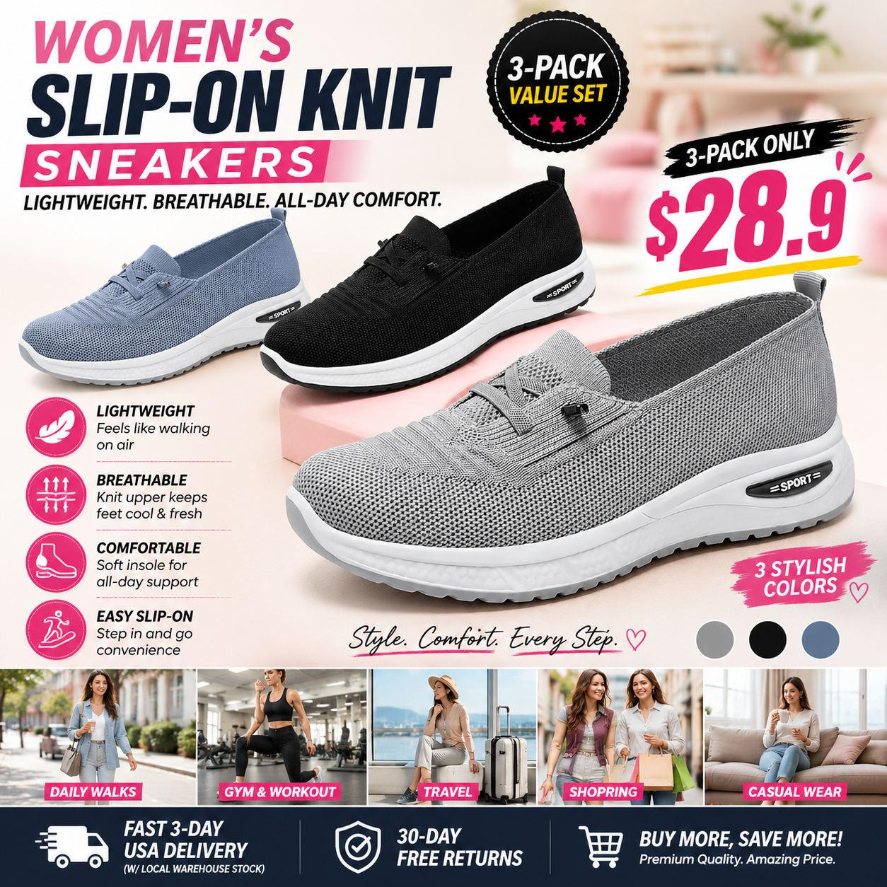 Women's Slip-On Knit Sneakers | Lightweight Breathable Comfort Casual Shoes Slip On Style Footwear