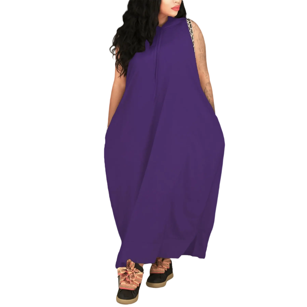 Women's Plain Drawstring Hooded Tank Dress, Casual Basic Pocket Sleeveless Dress