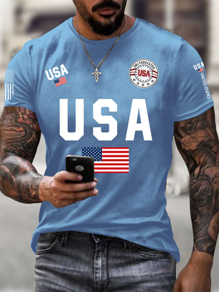 Men'S Classic Short Sleeved T-Shirt With American Flag Print