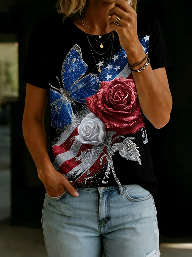 Ladies' Casual US National Day Flag Brick Floral Print Short Sleeved Round Neck T-Shirt