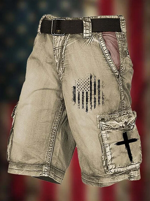 Men's Flag Cross Graphic Print Denim-Like Cargo Shorts