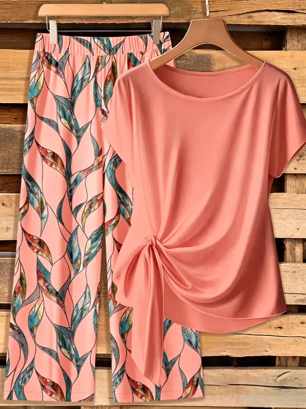 Women's Casual Printed Necktie Shirt and Loose Straight Pants Set