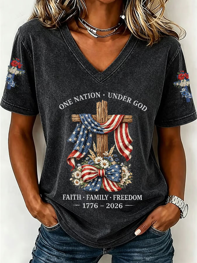 Women'S America Flag Floral Print Casual V-Neck T-Shirt