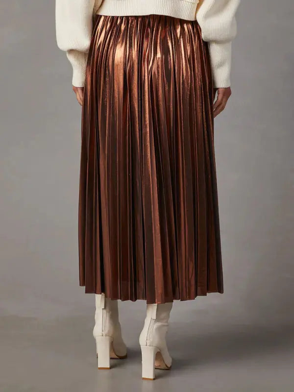 Shiny Pleated High-Waisted A-Line Midi Skirt