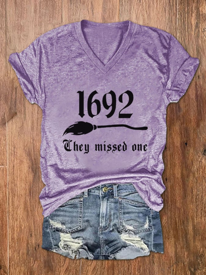 Women's 1692 They Missed One Salem Witch Print V-Neck T-Shirt