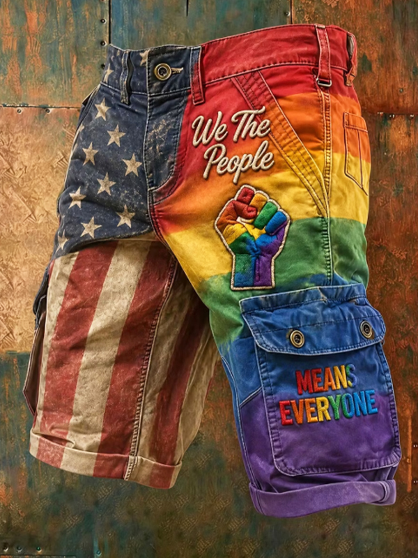 Men's Rainbow American Flag Patchwork Fist & Letter Art Print Casual Shorts