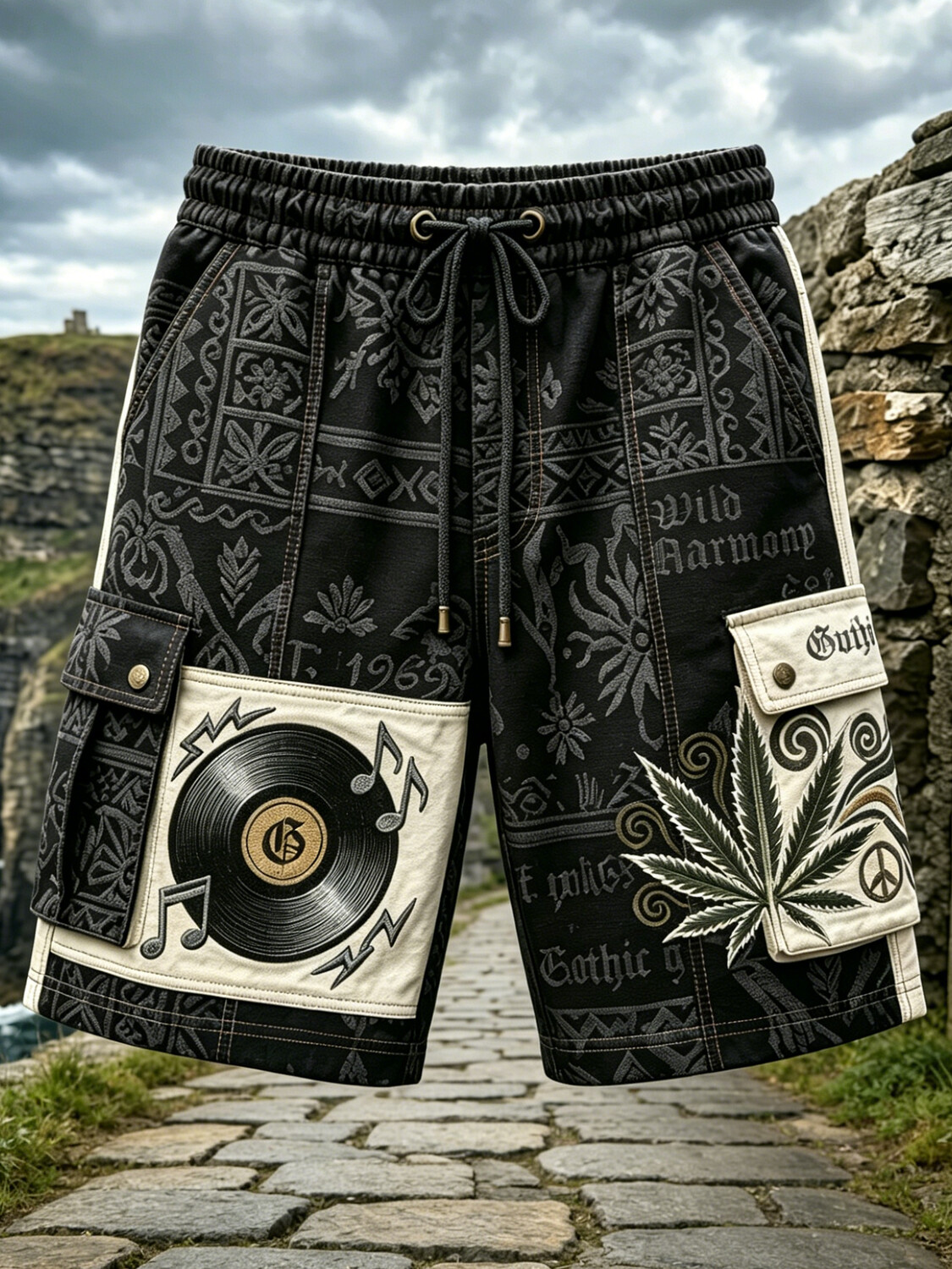 Men's Wild Harmony Hippie Patchwork Cannabis Print Drawstring Waist Shorts