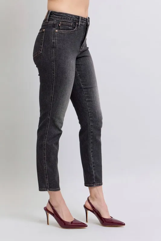 Blue Full Size Midi Rise Tummy Control Slim Jeans Plus Size