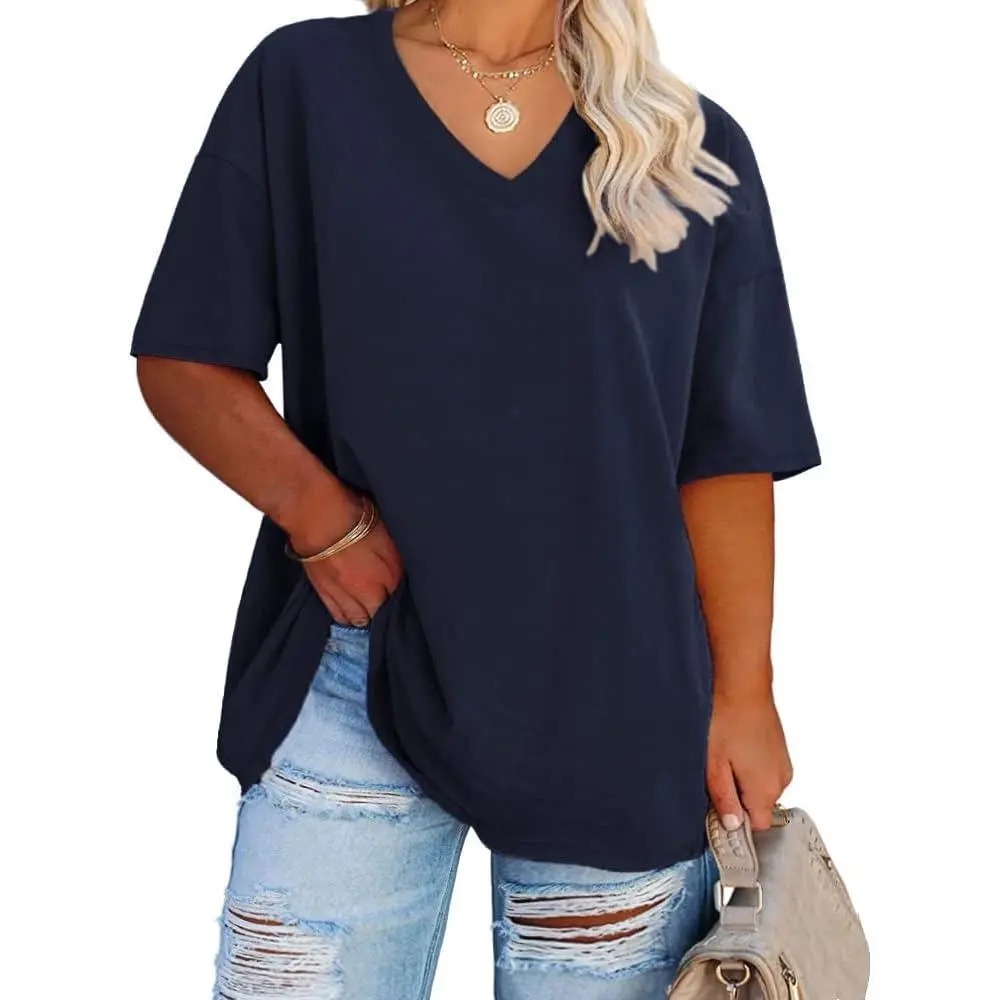 Women's V-Neck Short Sleeve Tunic Top Casual Loose Fit Soft Cotton Summer Tee