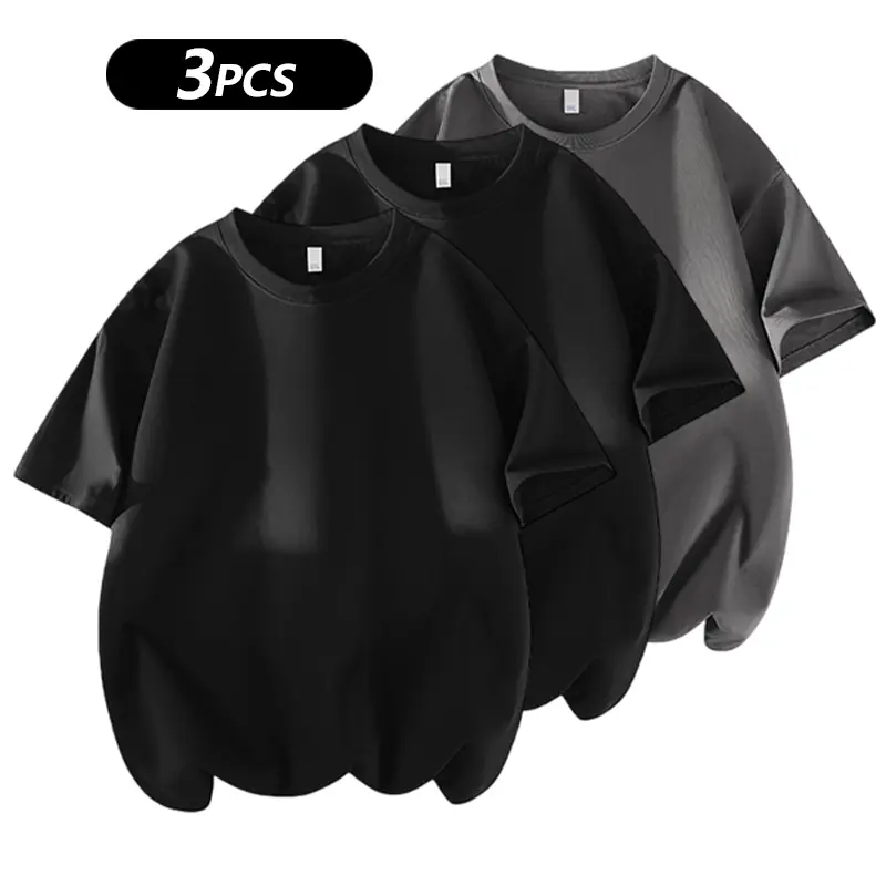 Men's 3PCS 100% cotton Crew Neck T-Shirts Set - Soft Loose Fit Navy Gray Black Tees for Casual Daily Wear