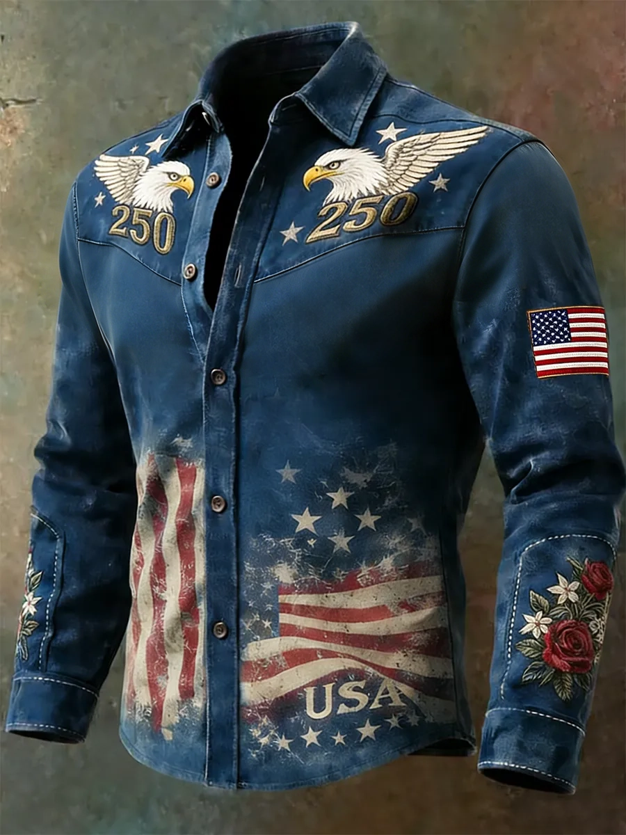 Men'S Retro Western American Founding Celebration Long Sleeve Shirt