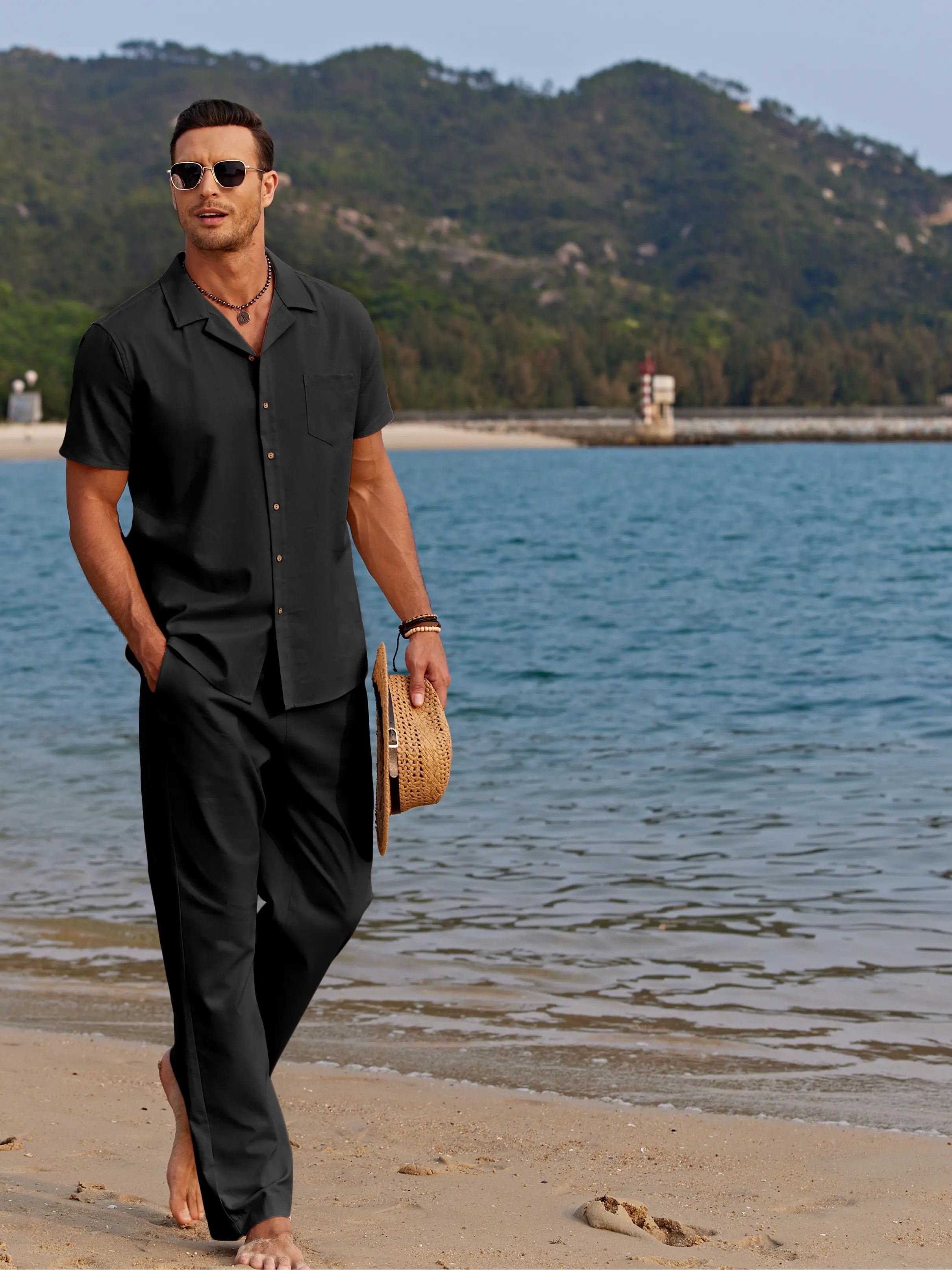 Men's 2-Pack Linen Beach Set – Camp Collar Button Down Shirt & Loose Drawstring Pants, Breathable Summer Outfit