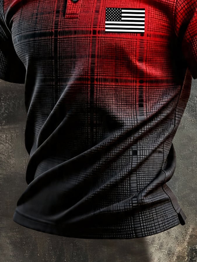 Men's Retro Patriotic Color-Block Short-Sleeve Polo Shirt