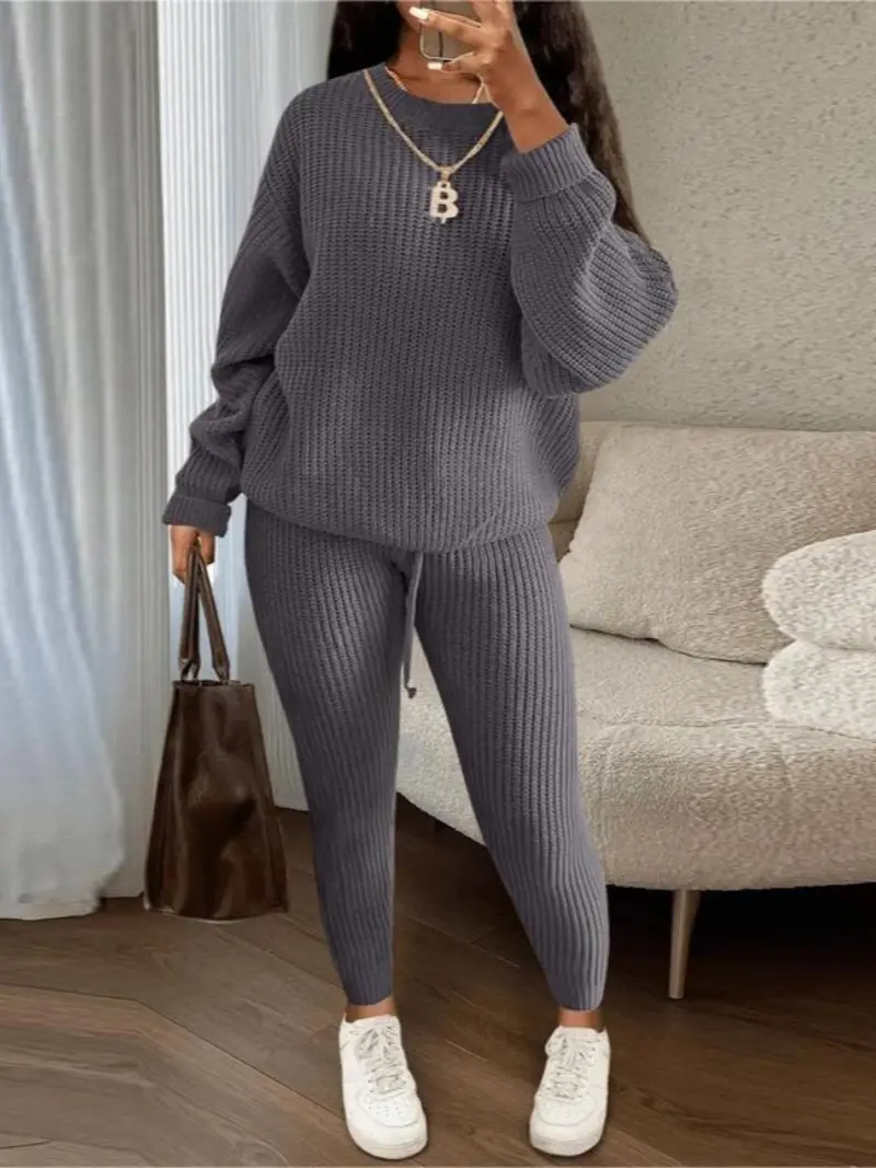 🔥Women's Solid Round Neck Drop Shoulder Sweater & Drawstring Waist Pants Knit Set, Casual Cozy Knitwear for Daily Outdoor Wear, Ladies Fall & Winter Outfits, Women's 2 Pcs Sweater Set