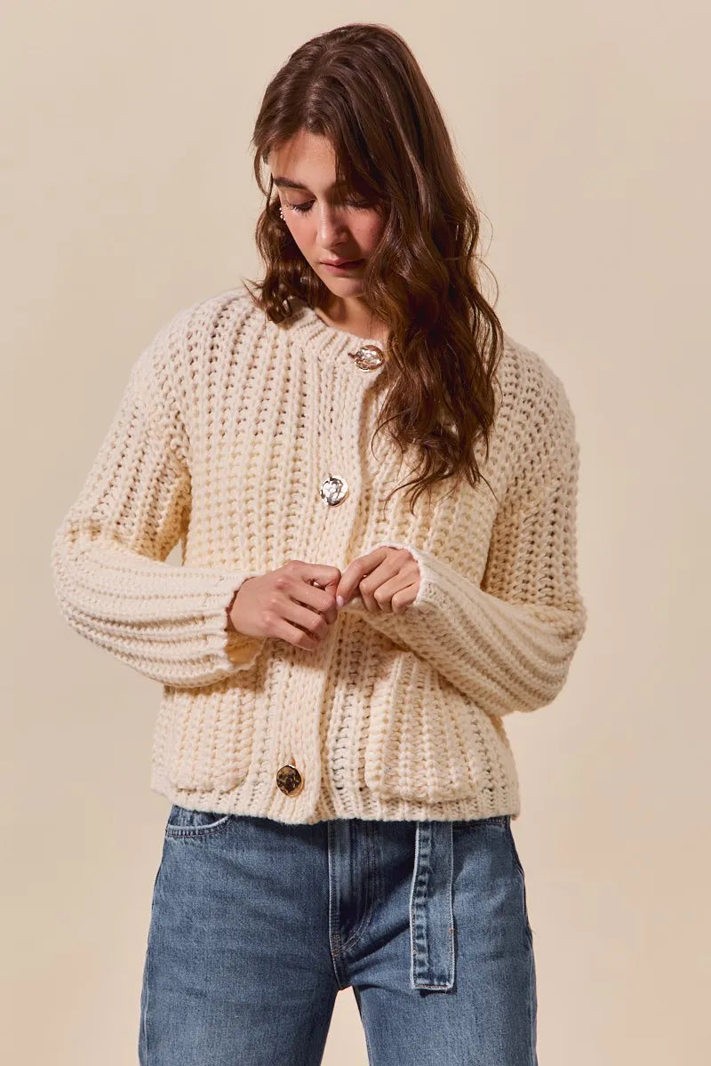 Metal Button Long Sleeve Chunky Sweater Cardigan