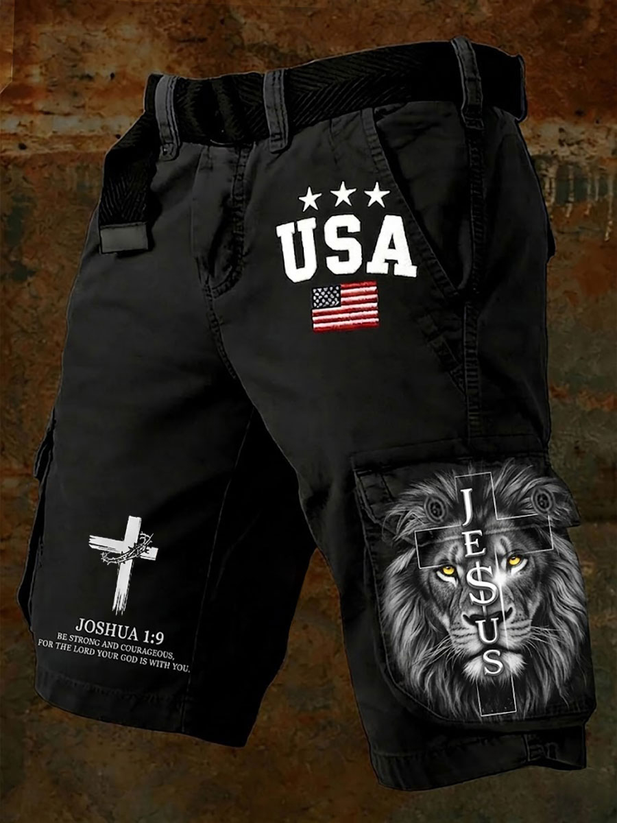 Men's Retro American Flag Retro Lion Cross Print Casual Shorts