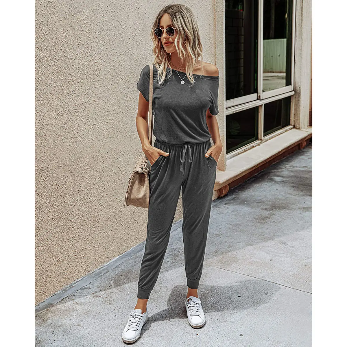 Women's Jumpsuit Plus Size S-5XL Off-Shoulder Elastic Waist Stretchy Loose Minimalist Comfy Clothes Casual Outdoor Lightweight Romper - Fabric - Womenswear Pants Style romper