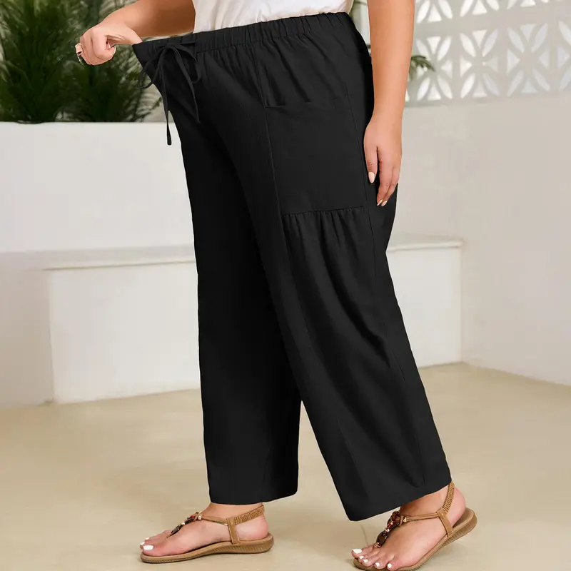 Women's Plus-Size Wide-Leg Pants — Pure Cotton Loungewear with Pockets